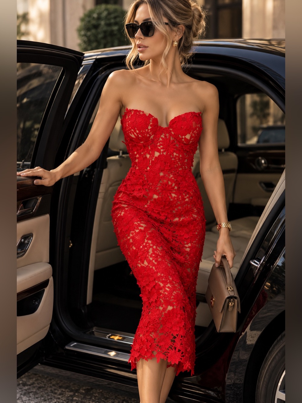 Red Floral Lace Strapless Midi Dress